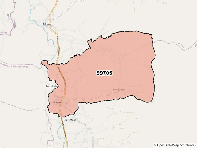 Mapa del código postal 99705, Tlaltenango de Sánchez Román, Zacatecas