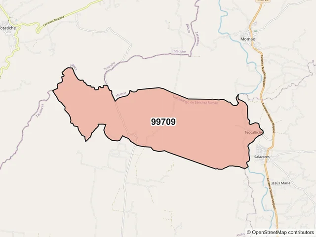 Mapa del código postal 99709, Tlaltenango de Sánchez Román, Zacatecas