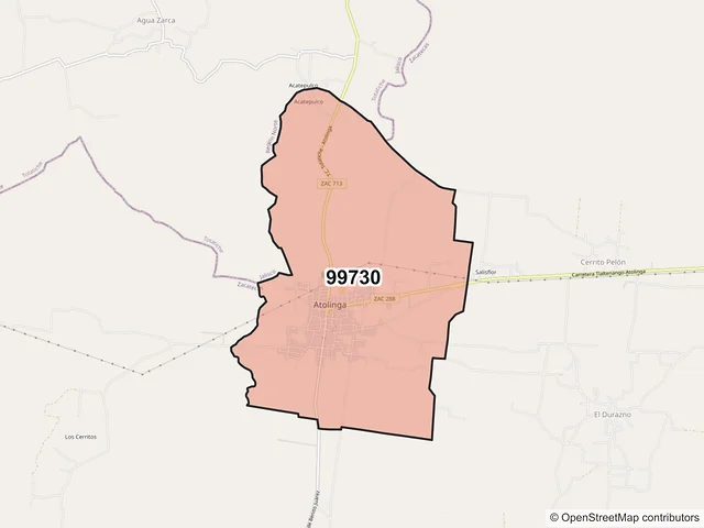 Mapa del código postal 99730, Atolinga, Zacatecas