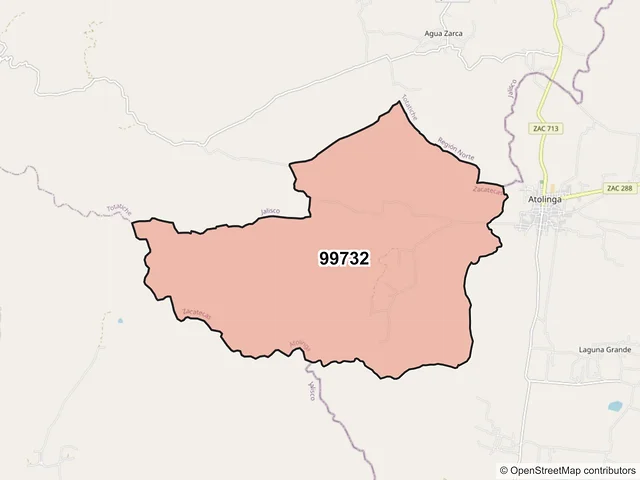 Mapa del código postal 99732, Atolinga, Zacatecas