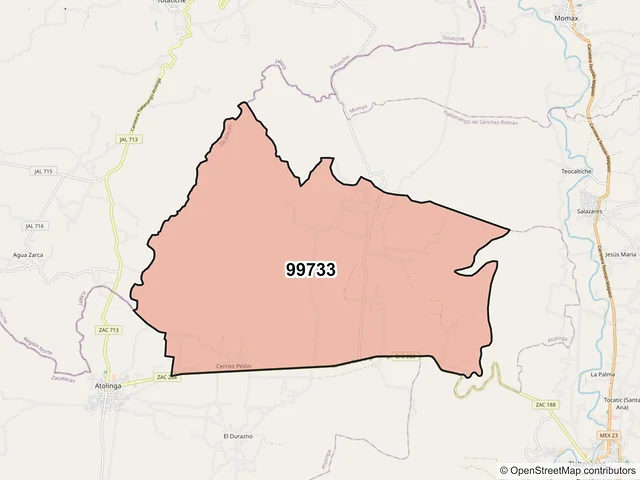 Mapa del código postal 99733, Atolinga, Zacatecas