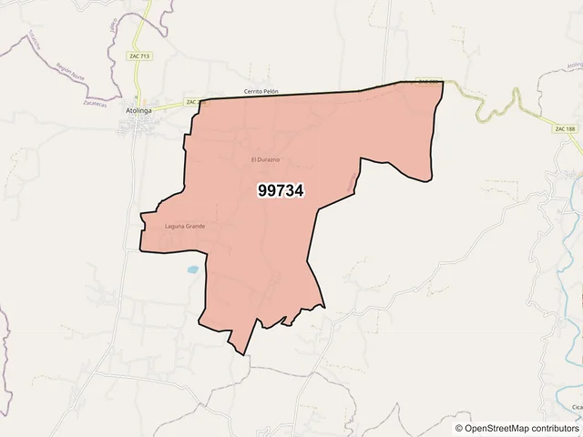 Mapa del código postal 99734, Atolinga, Zacatecas