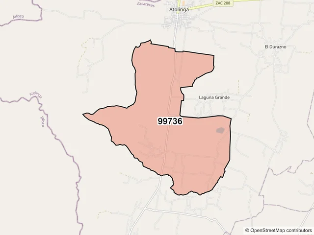 Mapa del código postal 99736, Atolinga, Zacatecas