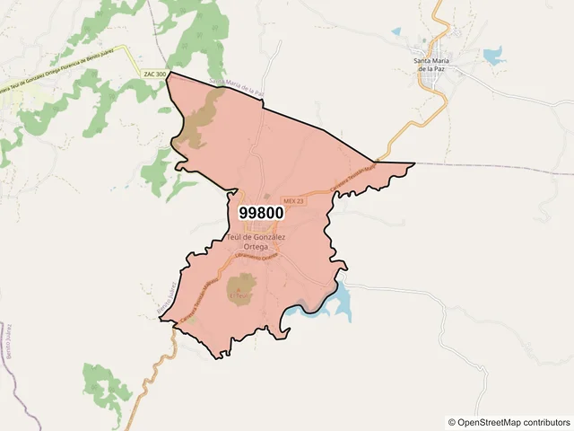 Mapa del código postal 99800, Teúl de González Ortega, Zacatecas