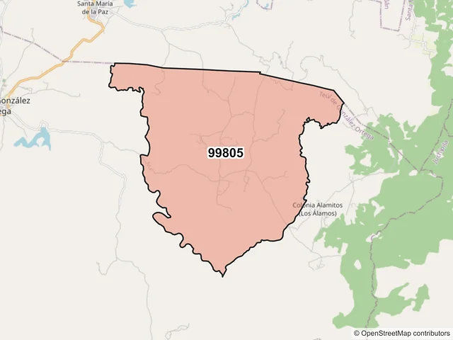 Mapa del código postal 99805, Teúl de González Ortega, Zacatecas