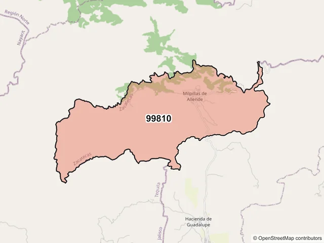 Mapa del código postal 99810, Teúl de González Ortega, Zacatecas