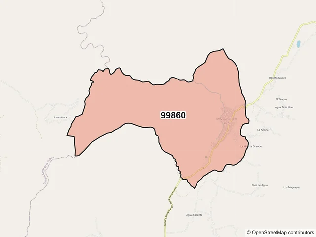 Mapa del código postal 99860, Mezquital del Oro, Zacatecas