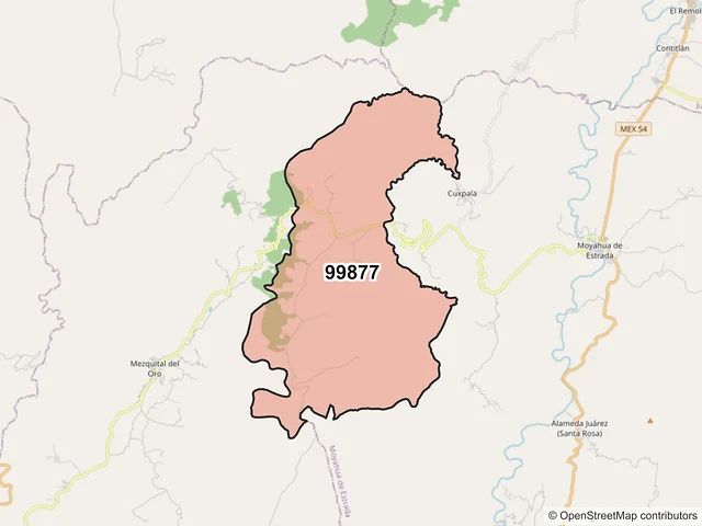 Mapa del código postal 99877, Mezquital del Oro, Zacatecas