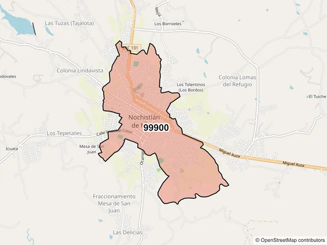 Mapa del código postal 99900, Nochistlán de Mejía, Zacatecas