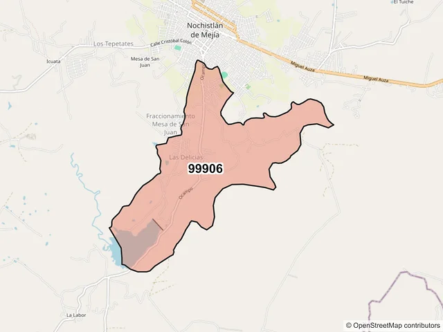 Mapa del código postal 99906, Nochistlán de Mejía, Zacatecas