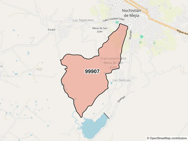 Mapa del código postal 99907, Nochistlán de Mejía, Zacatecas
