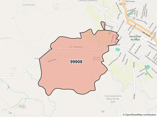 Mapa del código postal 99908, Nochistlán de Mejía, Zacatecas