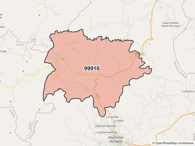 Mapa del código postal 99910, Nochistlán de Mejía, Zacatecas