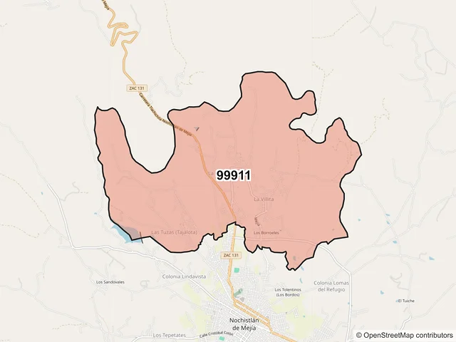 Mapa del código postal 99911, Nochistlán de Mejía, Zacatecas