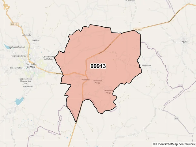 Mapa del código postal 99913, Nochistlán de Mejía, Zacatecas
