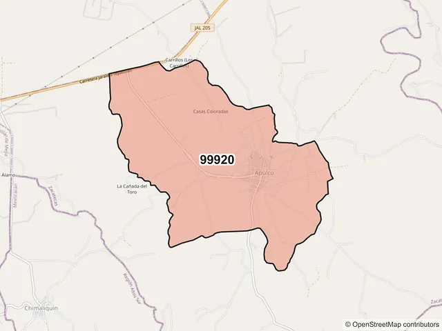 Mapa del código postal 99920, Apulco, Zacatecas