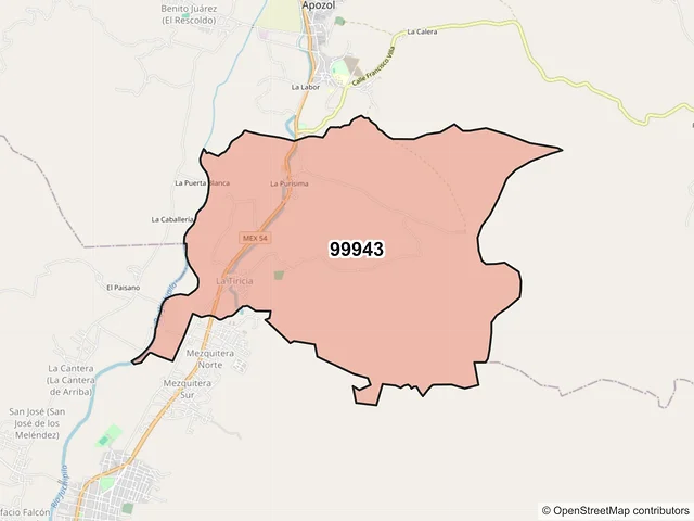 Mapa del código postal 99943, Apozol, Zacatecas