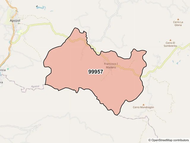 Mapa del código postal 99957, Apozol, Zacatecas
