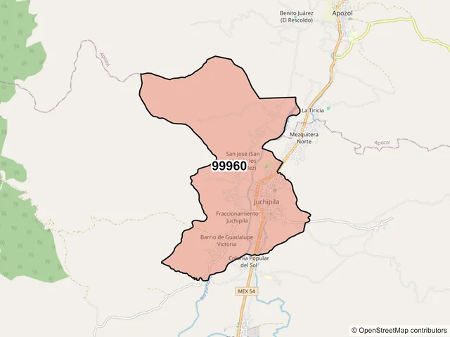 Mapa del código postal 99960, Juchipila, Zacatecas