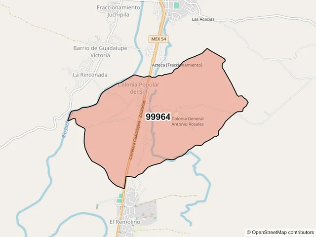 Mapa del código postal 99964, Juchipila, Zacatecas
