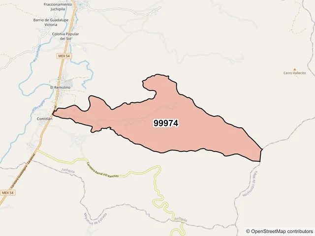 Mapa del código postal 99974, Juchipila, Zacatecas