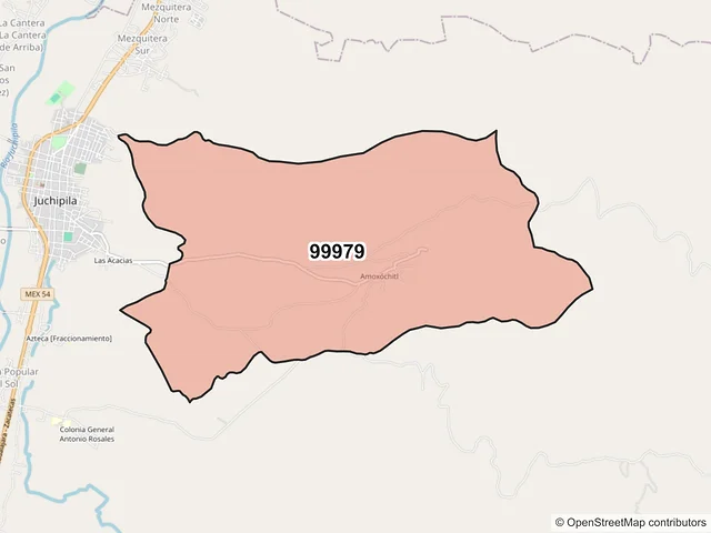Mapa del código postal 99979, Juchipila, Zacatecas