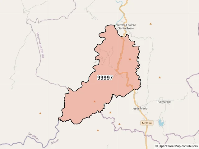 Mapa del código postal 99997, Moyahua de Estrada, Zacatecas