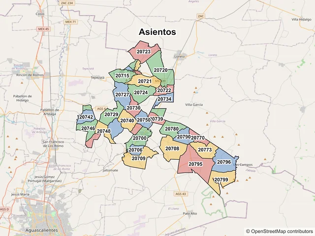 Mapa de códigos postales de Asientos, Aguascalientes