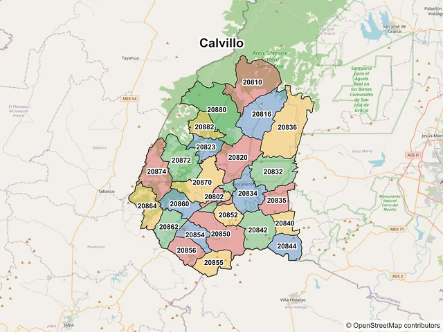 Mapa de códigos postales de Calvillo, Aguascalientes