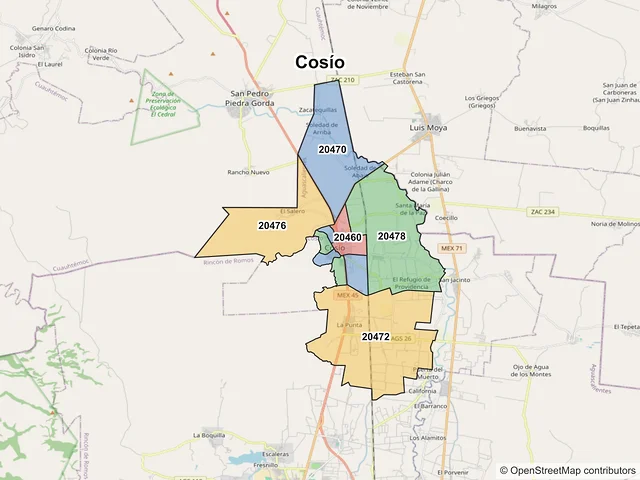 Mapa de códigos postales de Cosío, Aguascalientes