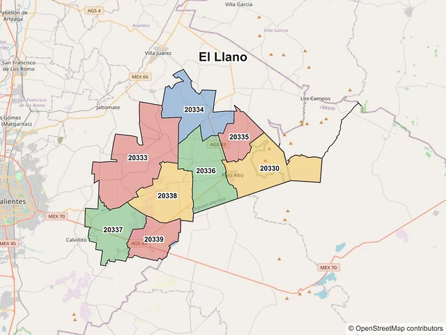 Mapa de códigos postales de El Llano, Aguascalientes