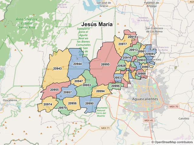 Mapa de códigos postales de Jesús María, Aguascalientes