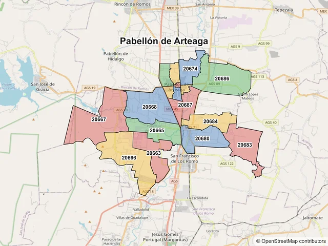 Mapa de códigos postales de Pabellón de Arteaga, Aguascalientes