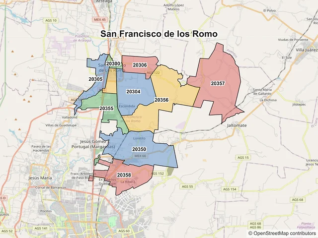 Mapa de códigos postales de San Francisco de los Romo, Aguascalientes