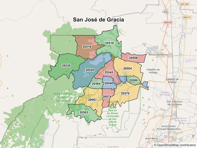 Mapa de códigos postales de San José de Gracia, Aguascalientes
