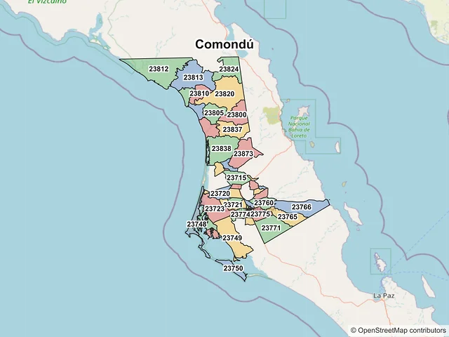 Mapa de códigos postales de Comondú, Baja California Sur