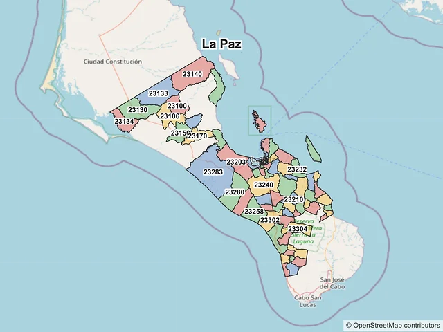 Mapa de códigos postales de La Paz, Baja California Sur