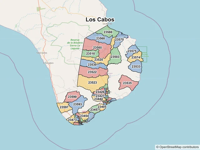 Mapa de códigos postales de Los Cabos, Baja California Sur