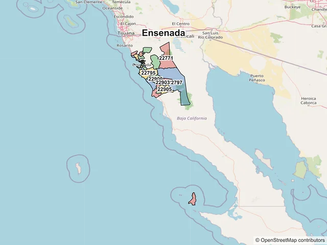 Mapa de códigos postales de Ensenada, Baja California