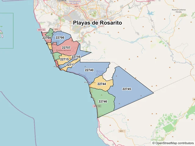 Mapa de códigos postales de Playas de Rosarito, Baja California