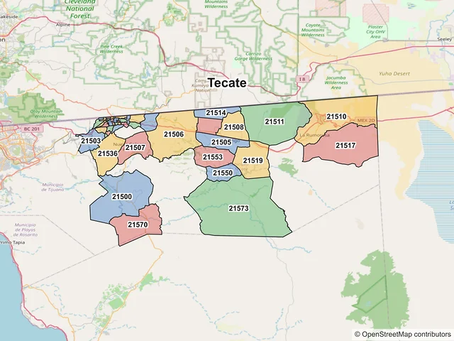 Mapa de códigos postales de Tecate, Baja California