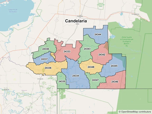 Mapa de códigos postales de Candelaria, Campeche