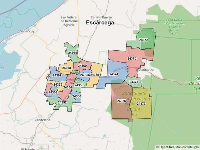 Mapa de códigos postales de Escárcega, Campeche
