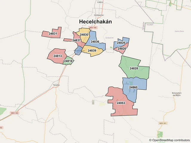 Mapa de códigos postales de Hecelchakán, Campeche