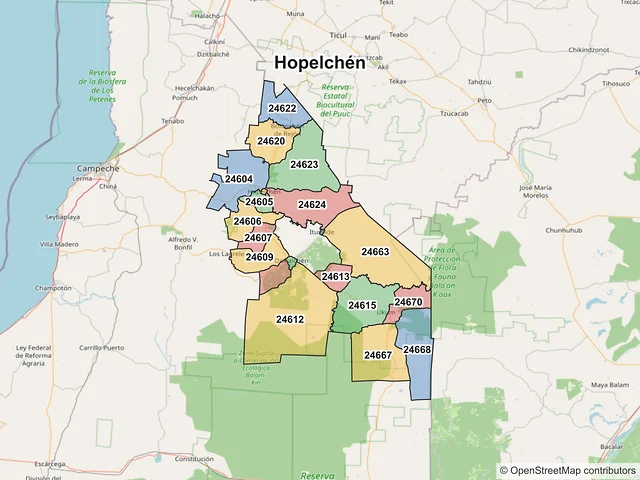 Mapa de códigos postales de Hopelchén, Campeche