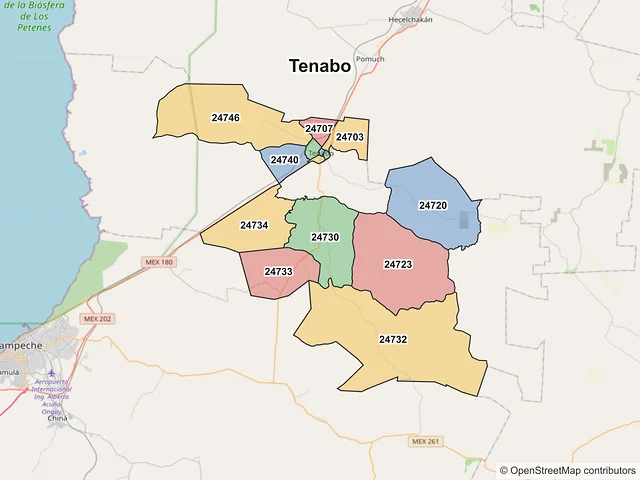 Mapa de códigos postales de Tenabo, Campeche