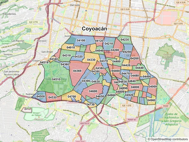 Mapa de códigos postales de Coyoacán, Ciudad de México