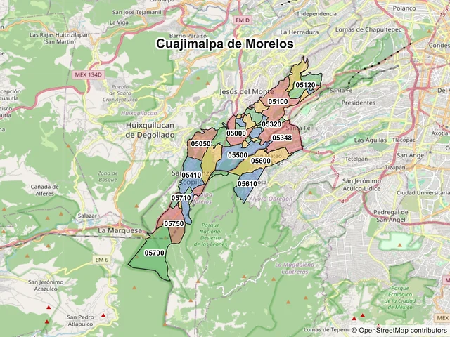 Mapa de códigos postales de Cuajimalpa de Morelos, Ciudad de México