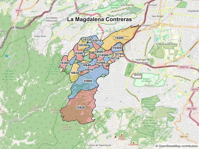 Mapa de códigos postales de La Magdalena Contreras, Ciudad de México