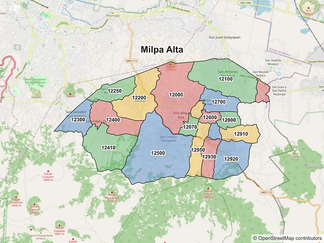 Mapa de códigos postales de Milpa Alta, Ciudad de México